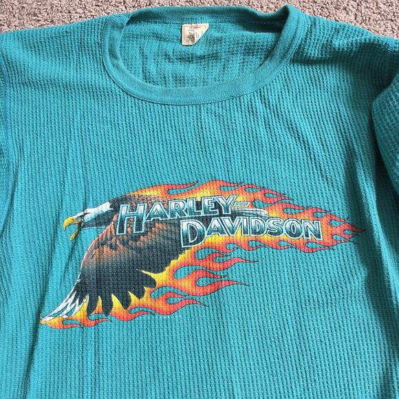 Vintage 90s Harley Davidson Teal Thermal Waffle Knit Top XL Flames Eagle 1993 - Picture 2 of 13